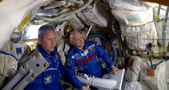 Cosmonauts Sergey Prokopiev (left) and Artemyev Germanovich (right) on board the International Space Station.