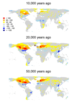 Contrast between past and present simulated patterns of migratory bird diversity. Red areas had fewer species than today, blue areas more.